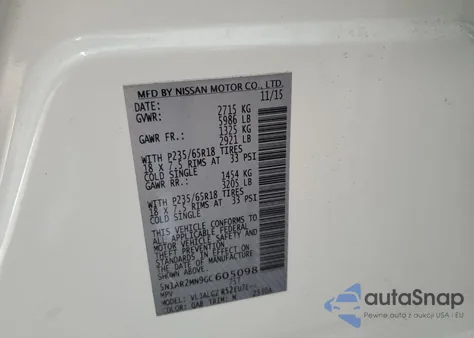 2016 Nissan Pathfinder S z USA, uszkodzony, nr VIN 5N1AR2MN9GC605098